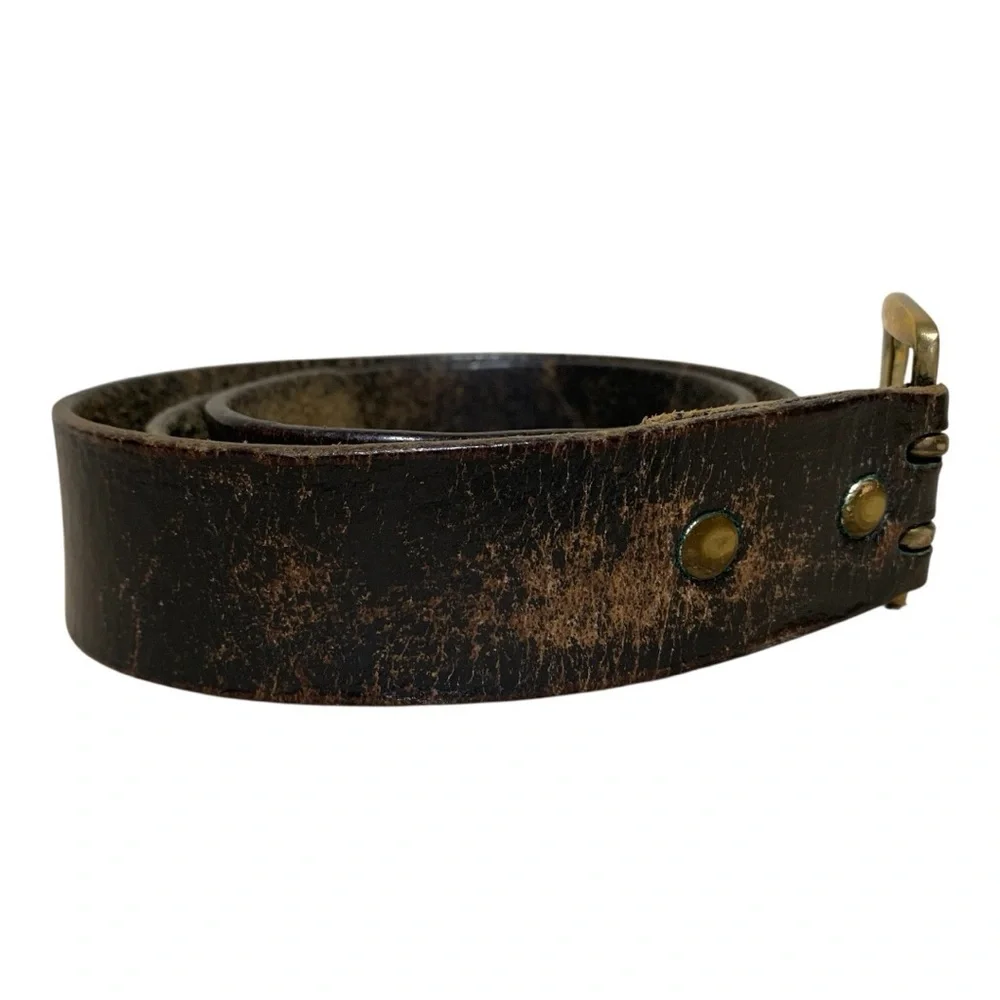 Men’s Vintage Black Leather Belt with Brass Buckle Size 34 in